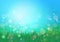 Blue sky and green grass nature backdrop. Bokeh vector background. Blur and shiny effect.