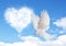 Blue sky with hearts shape clouds and dove.