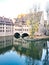 Blue sky mirrowed in the waters of the Pegnitz, Nuremberg, Germany