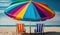 Blue sky and multi colored umbrellas adorn the beach generated by AI