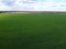 Blue sky over a green field, aerial view. Farmland landscape