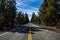 Blue sky over highway through the forest in California, Mount Shasta in the distance