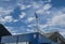 Blue sky with scattered white clouds above Portman Road, home of Ipswich Town