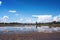 Blue sky with white clouds group pattern floating and Landscape nature of land prepare for plant rice field  , agricultural area