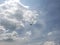 blue sky with white clouds and the silhouette of an airplane