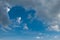 Blue sky with white clouds on sunset. Many little white clouds creating a tranquil weather pattern on the blue background