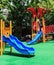 Blue Slides with Green Elastic Rubber Floor for Children, Playground