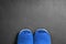 Blue slippers with handset on the floor