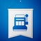 Blue Slot machine icon isolated on blue background. White pennant template. Vector