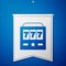 Blue Slot machine with lucky sevens jackpot icon isolated on blue background. White pennant template. Vector