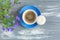 Blue small cup with coffee and macaroon on gray wooden table. Nice summer background with a blue flower in a pot.