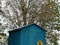 Blue small hut with big tree background