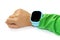 Blue smart digital watch on boy hand with green sleeve. Modern children technologies. GPS tracker for kids, child tracking and