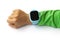 Blue smart digital watch on boy hand with green sleeve. Modern children technologies. GPS tracker for kids, child tracking and