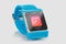 Blue smart watch with fitness app icon on screen