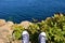 Blue sneakers against sea cliff