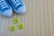 Blue sneakers with spring signs on the wooden background