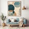 Blue snuggle chair against white wall with art poster frame and pendant light. Mid century style interior design of modern living