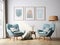 Blue snuggle chair against white wall with art poster frame and pendant light. Mid century style interior design of modern room