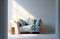 Blue snuggle chair and stone end table in empty room. Minimalist interior design of modern living room. Created with generative AI