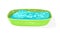 Blue soap is in green box, dish, holder with transparent foam bubbles on surface.