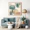 Blue sofa against white wall with art poster frame. Mid century style interior design of modern living room. Created with