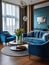 Blue sofa and armchairs near round coffee table. Interior design of modern living room