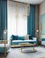 Blue sofa and armchairs near round coffee table. Interior design of modern living room. Created with generative AI