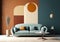 Blue sofa and pendant light against of wall with art decoration. Mid century interior design of modern living room. Created with