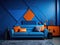 Blue sofa in room with abstract geometric shapes furniture pieces. Postmodern Memphis style interior design of modern room