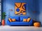 Blue sofa in room with abstract geometric shapes furniture pieces. Postmodern Memphis style interior design of modern room