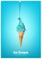 Blue soft ice cream cone, Pour blue melted syrup, peppermint flavor, Vector illustration