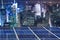 Blue solar cell panels, New York cityscape illuminated at night