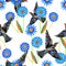 Blue space flowers and colored bird on a white background.