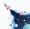 Blue space galaxy with cartoon rocket leaving white trail paper cut style vector illustration