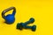 Blue space kettlebell yellow isolated ackground fitness cast health, from black equipment from strength from lifestyle