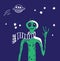 Blue space UFO alien stars green people poster card