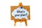 Blue speech bubble with phrase What`s your plan? on corkboard on