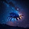 Blue spider in the night starry sky. 3D illustration. AI Generated