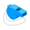 Blue sport whistle on a white cord isometric icon