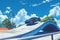 A blue sports car accelerates down a ramp, showcasing its speed and agility, A sports car jumping a ramp at a skate park, AI