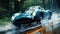 A blue sports car on a rain-soaked track