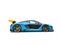 Blue sports car with yellow spoiler wing - side view