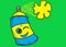 A blue spray can with yellow label and a cute winking cartoon face smiling