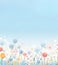 Blue springtime background with colorful illustrated flowers at the bottom, room for copyspace above flowers