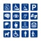 Blue square set of disability icons. Disabled icon set.