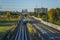 Blue SRT train passing through the countryside of Scarborough, Ontario, Canada