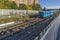 Blue SRT train passing through the township of Scarborough, Ontario, Canada