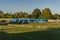 Blue SRT train passing through the township of Scarborough, Ontario, Canada