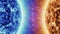 Blue star vs red star. Red sun surface with solar flares against blue sun isolated on black. highly realistic sun surface